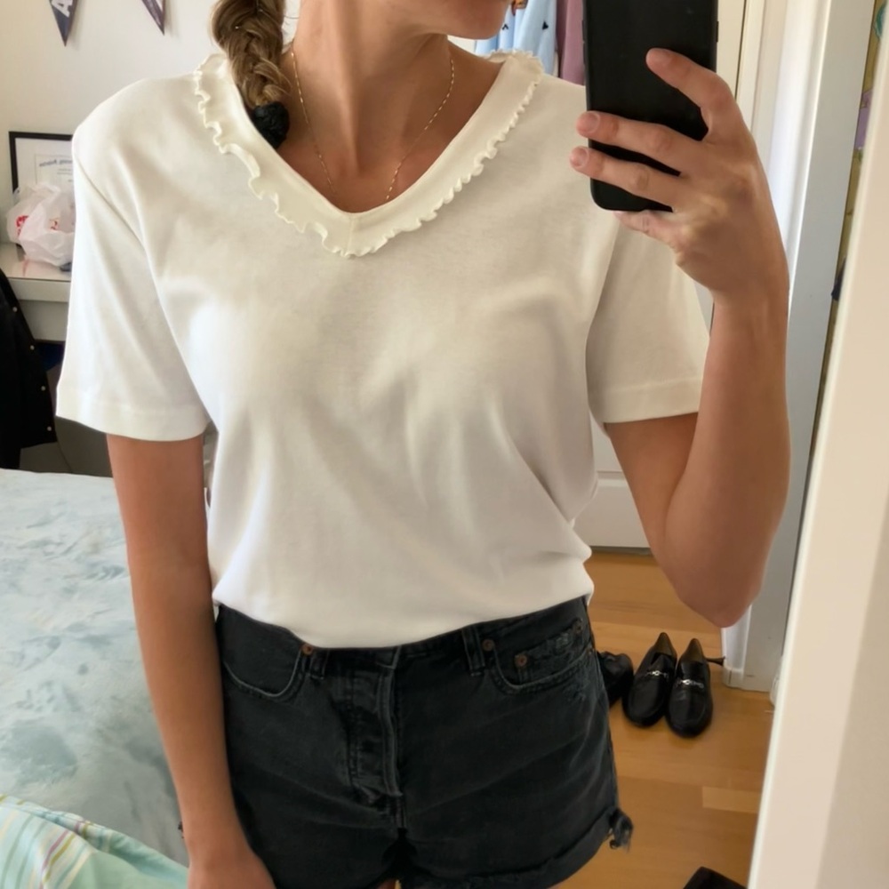 Women's White Ruffle Trim Top